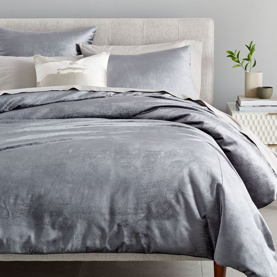 Washed Cotton Luster Velvet Duvet Cover & Shams Platinum West Elm